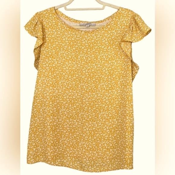 LOFT Golden Rod Yellow/White Floral Pattern Ruffle Sleeve Top, Size Large, GUC. - Picture 1 of 7
